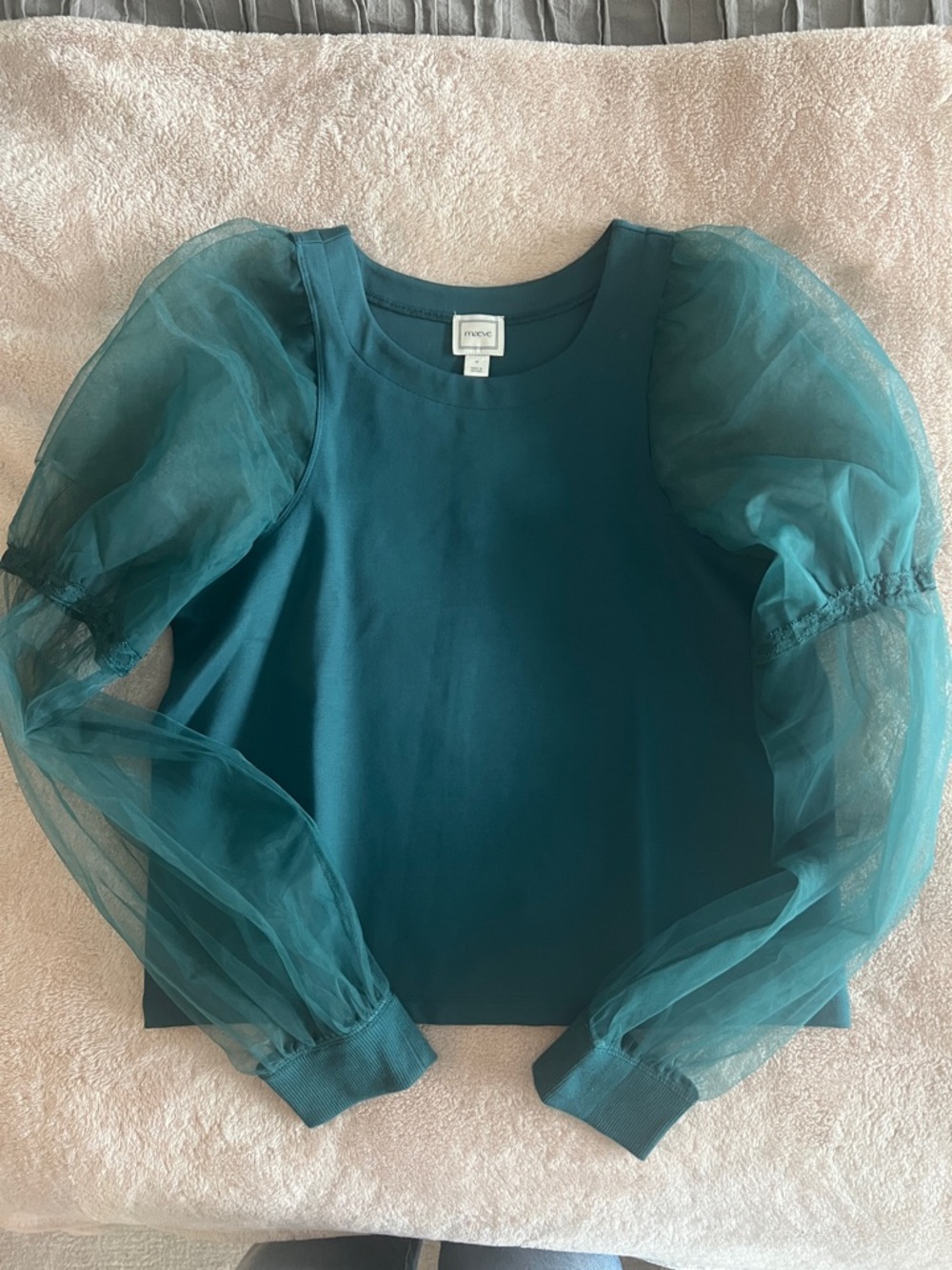 Anthropology Maeve Teal Green Puff-Sleeve Mesh Top